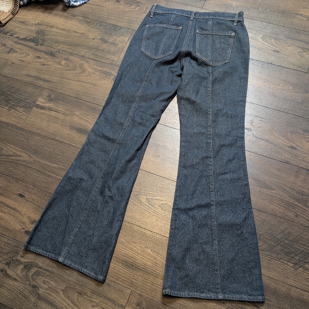 Express 70s Midrise Dark Blue Flare Gold/Copper Seam Button Accent Jeans Size 8R - Picture 5 of 8